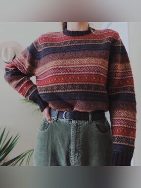 Vintage GAP MEDIUM 100% lambswool grandpa knit colorful striped sweater